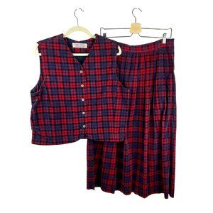 Vintage 90s Karen Scott 2 Piece Vest Skirt Set Women Large Red Blue Corduroy